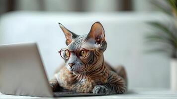 Portrait of Sphynx cat with computer keyboard lying on window board, close-up. Cat with glasses watching movies on laptop. photo