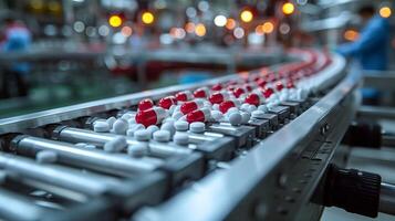 Pills and Capsules Manufacturing Process. Close-up Shot of Medical Drug Production Line. White Painkiller Pills are Moving on Conveyor at Modern Pharmaceutical Factory. photo
