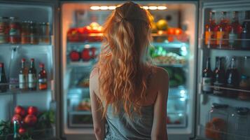 mujer obtiene comida desde el refrigerador, ver desde el atrás. abierto refrigerador lleno de Fresco frutas y verduras, sano comida fondo, orgánico nutrición, salud cuidado, dieta concepto. foto