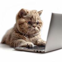 Grey, fluffy solid cat working with laptop on white background. Big boss funny concept. High quality photo