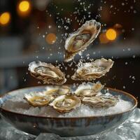 Flying oysters with lime and ice out of plate. Concept of food preparation in low gravity mode, food levitation photo