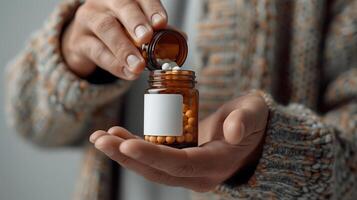 Close-up White pills capsules placed in the hands. Pharmaceutical industry. Man holding bottle, tube on light background. Packaging for pill, Product branding mockup. photo