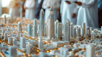 Arabian traditional white 3D model skyscraper of city architecture. Design of buildings at desk with residential project maquette at modern office with panoramic city view. photo