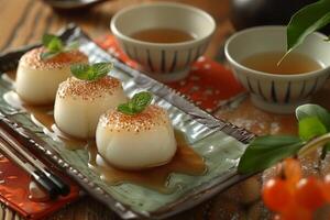 Panna cotta with caramel syrup, pistachios, mint on a plate with green tea. Traditional Italian sweet dessert photo