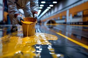 la carretera trabajadores pintura asfalto la carretera superficie en el ciudad. solicitud de la carretera marcas para peatones con brillante amarillo y blanco pinturas foto