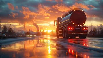 grande transporte camión en un autopista la carretera mediante el campo en un hermosa puesta de sol. Envío carga envase, comercial camión transporte. entrega expresar. foto