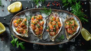 Salmon tartare served in oyster shell on ice. Raw fish dish at modern, stylish Japanese sushi restaurant. Fresh seafood with lemon in bowl on the table. photo