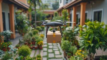 Drone delivering a package box, delivery private home ownership. Future transportation with 5G technology concept. Autonomous unmanned aerial vehicle used to transport packages photo