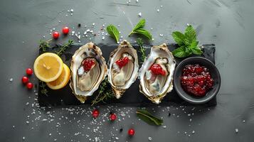 Oysters with lemon fruit on a black plate with mint and berry jam. High quality photo