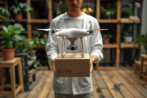 The courier holds a parcel with a drone in his hands. Transport of the future with the concept of 5G technology. An autonomous unmanned aerial vehicle used to transport packages. photo