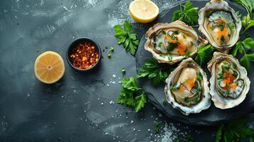 Oysters with ice and lemon on black stone background. Seafood. Top view. Free copy space. Banner, advertising. High quality photo