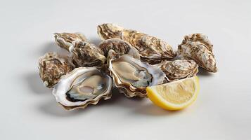 Fresco abrió ostras aislado en blanco antecedentes. crudo francés ostras molusco, mariscos o mejillones colección parte superior vista. alto calidad foto