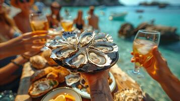 People hands picking up a fresh oysters from the plate, luxury dining moment on the beach, view from above photo