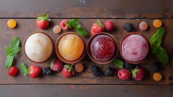 Ice cream scoops, top view. Hazelnut, lime, coconut, mint chocolate, marshmallow, almond, cream, blueberry flavored frozen dessert. Isolated on wooden plate with berries photo