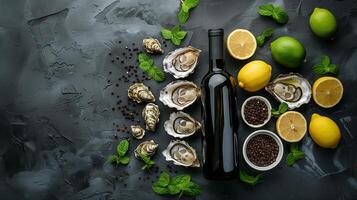 Oysters with ice and lemon on black stone background. Seafood. Top view. Free copy space. Banner, advertising. High quality photo