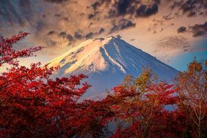 monte. fuji en dramático cielo con otoño follaje a puesta de sol en fujikawaguchiko, Japón. foto