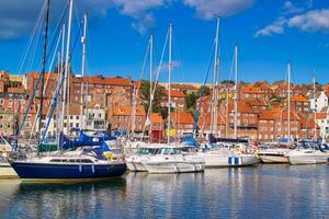 whitby abadía es un playa pueblo y Puerto a tiempo de día en norte yorkshire, Reino Unido foto