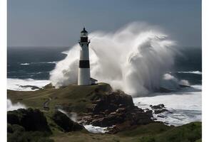 A view of a Lighthouse with waves crashing over it photo