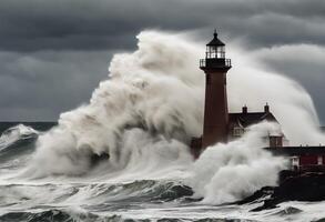 A view of a Lighthouse with waves crashing over it photo