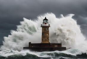 A view of a Lighthouse with waves crashing over it photo