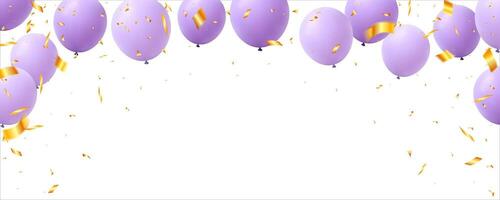 rubber helium balloon purple and confetti banner frame for holiday, birthday party, anniversary vector