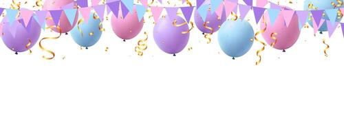 helium balloons, bunting hanging garland flag and confetti isolated decoration header banner vector