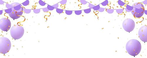 purple balloons and bunting hanging garland flag, gold ribbons and confetti decoration background vector