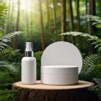 un elegante anuncio de un blanco modelo podio Bosquejo de un natural orgánico cosmético productos foto