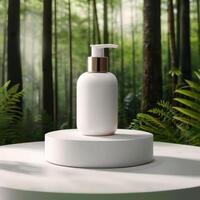 A stylish ad of a white template podium mockup of a natural organic cosmetic products. photo