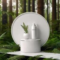 A stylish ad of a white template podium mockup of a natural organic cosmetic products. photo