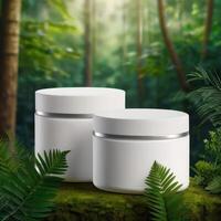 A stylish ad of a white template podium mockup of a natural organic cosmetic products. photo