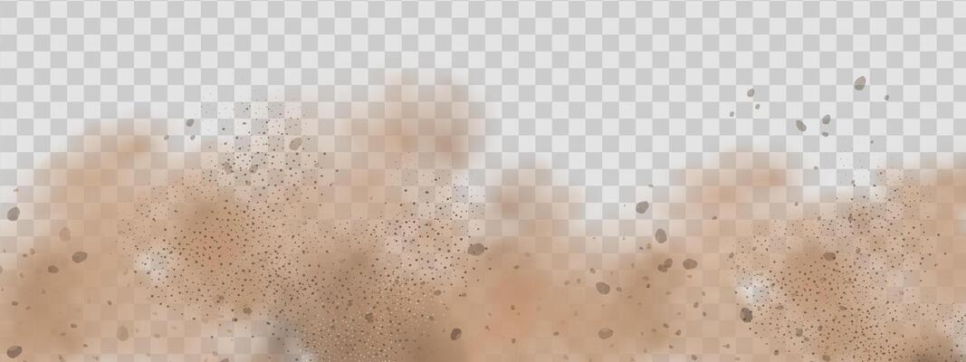 Background of a sand explosion with dirt and cloud smoke. Brown sandstorm splash and dirty ground with a textured wind effect.Yellow flying particles and stone.