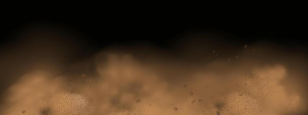 Background of a sand explosion with dirt and cloud smoke. Brown sandstorm splash and dirty ground with a textured wind effect.Yellow flying particles and stone.