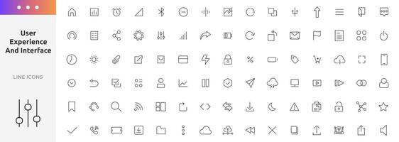 User experience and interface icon set. UI flat icons collection.Basic User Interface Essential Set. Outline icon pack for App, Web, Print. Pixel perfect 64 x 64 vector