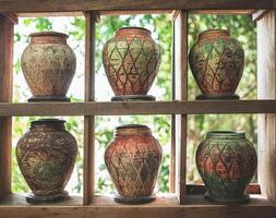 Ancient-style pottery jars are lined up on wooden shelves. photo