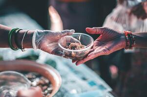 Hungry homeless people request free food donations from volunteers social concept of helping photo