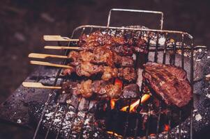 Pieces of beef skewers grilled on a skewer in a clay oven. photo
