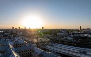 Huge Rail Baltic construction sight project in progress in Riga, Latvia. Building a main central train station in the center of Riga. Aerial view. photo