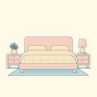 Flat illustration of minimal bedroom interior with bed and side tables vector