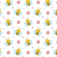 Bees, flowers and hearts on white seamless pattern. Cute childish nature design in cartoon flat style for cover, print. vector