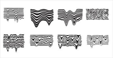 Distortion line. Black glitch minimal texture. Modern abstract distorted pattern. Creative dynamic effect collection on white. Set of geometric wavy stripe vector