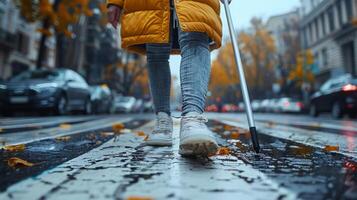 joven ciego hombre navegando ciudad calle con blanco caña en lluvioso día, atención en movilidad y independencia foto