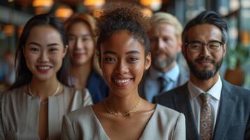 Diverse Group of Business Professionals Smiling in Office Setting photo