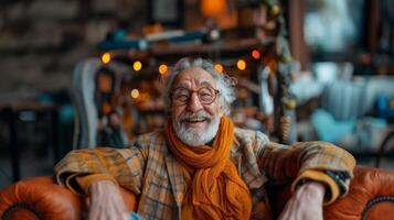 alegre mayor hombre relajante en un acogedor vivo espacio, calentar sonrisa y elegante atuendo foto