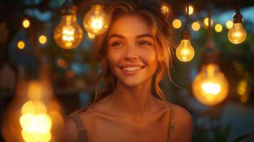 Radiant Young Woman Smiling Amidst Glowing Bulbs at Evening Party photo