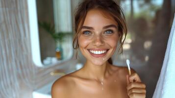 radiante joven mujer cepillado dientes en iluminado por el sol baño con alegre expresión foto