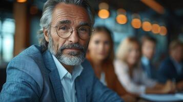 Mature Caucasian Male CEO Leading a Business Meeting with Team in Modern Office photo