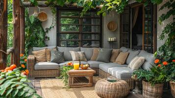 Cozy Outdoor Living Space with Wicker Sofa and Lush Greenery photo