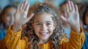 Joyful Young Girl Participating Actively in Classroom Activities with Classmates photo