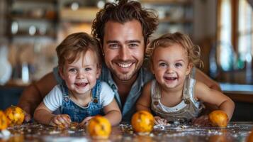 joven padre y dos niños pequeños disfrutando horneando juntos en un iluminado por el sol cocina foto